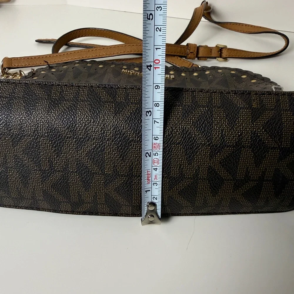 Michael Kors Signature Monogram Scallop Studded‎ Crossbody Bag Brown